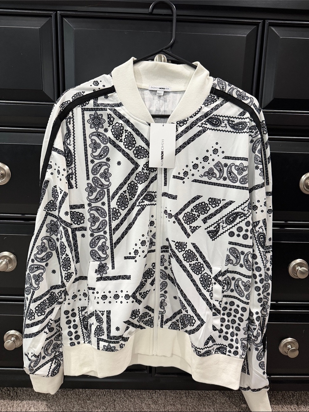 Fashion Nova White & Black Bandana Print Bomber Jacket